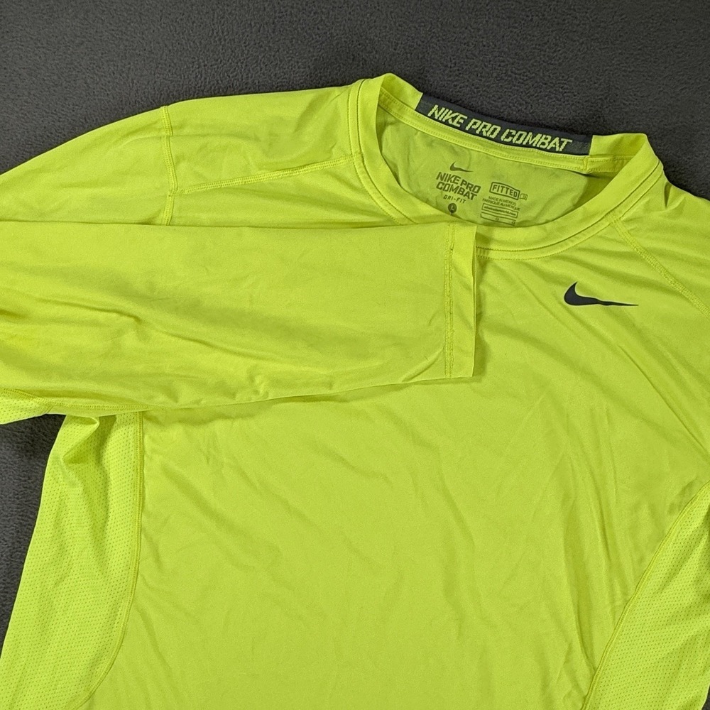 Nike Pro Combat Shirt Mens Large Neon Volt Dri-Fit Fitted Long Sleeve Athletic
